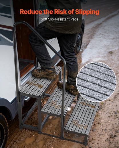 RV Steps with Handrail, 3 Steps, 300 kg Load Capacity, Heavy Duty Outdoor RV Stairs with Non-Slip Mat for Elderly and Pets, Portable Stairs for Hot Tub, Camper, Mobile Home, Porch, Pool, SPA