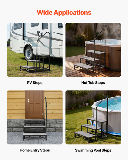 RV Steps with Handrail, 3 Steps, 300 kg Load Capacity, Heavy Duty Outdoor RV Stairs with Non-Slip Mat for Elderly and Pets, Portable Stairs for Hot Tub, Camper, Mobile Home, Porch, Pool, SPA