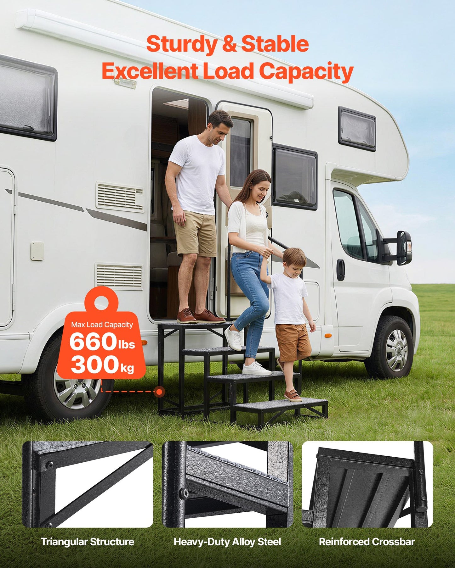 RV Steps with Handrail, 4 Steps, 300 kg Load Capacity, Heavy Duty Outdoor RV Stairs with Non-Slip Mat for Elderly and Pets, Portable Stairs for Hot Tub, Camper, Mobile Home, Porch, Pool, SPA