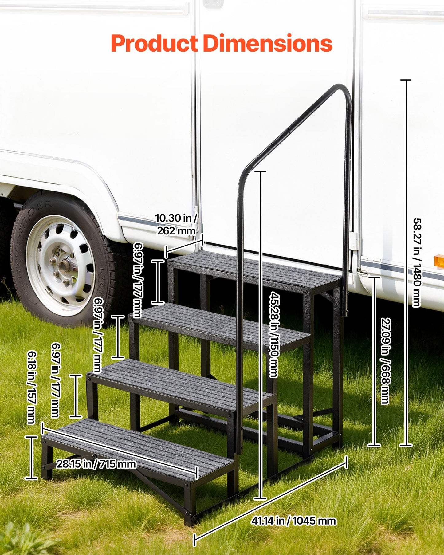RV Steps with Handrail, 4 Steps, 300 kg Load Capacity, Heavy Duty Outdoor RV Stairs with Non-Slip Mat for Elderly and Pets, Portable Stairs for Hot Tub, Camper, Mobile Home, Porch, Pool, SPA