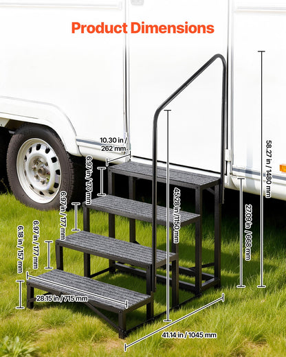 RV Steps with Handrail, 4 Steps, 300 kg Load Capacity, Heavy Duty Outdoor RV Stairs with Non-Slip Mat for Elderly and Pets, Portable Stairs for Hot Tub, Camper, Mobile Home, Porch, Pool, SPA