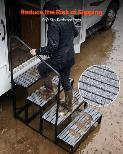RV Steps with Handrail, 4 Steps, 300 kg Load Capacity, Heavy Duty Outdoor RV Stairs with Non-Slip Mat for Elderly and Pets, Portable Stairs for Hot Tub, Camper, Mobile Home, Porch, Pool, SPA