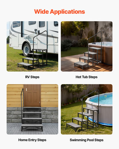 RV Steps with Handrail, 4 Steps, 300 kg Load Capacity, Heavy Duty Outdoor RV Stairs with Non-Slip Mat for Elderly and Pets, Portable Stairs for Hot Tub, Camper, Mobile Home, Porch, Pool, SPA