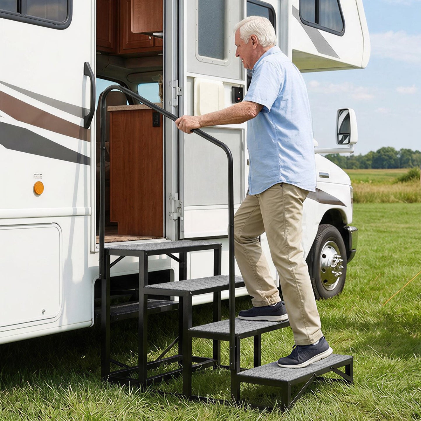 RV Steps with Handrail, 4 Steps, 300 kg Load Capacity, Heavy Duty Outdoor RV Stairs with Non-Slip Mat for Elderly and Pets, Portable Stairs for Hot Tub, Camper, Mobile Home, Porch, Pool, SPA