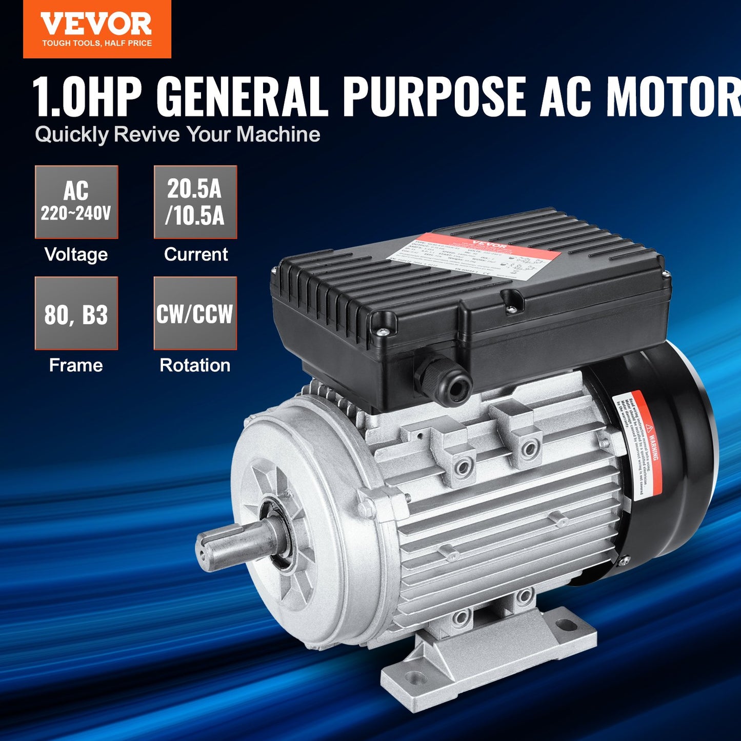 VEVOR 0.75KW Electric Motor 1400 rpm, AC 220~240V 5.45A, 80, B3 Frame, Air Compressor