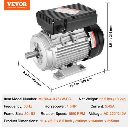 VEVOR 0.75KW Electric Motor 1400 rpm, AC 220~240V 5.45A, 80, B3 Frame, Air Compressor