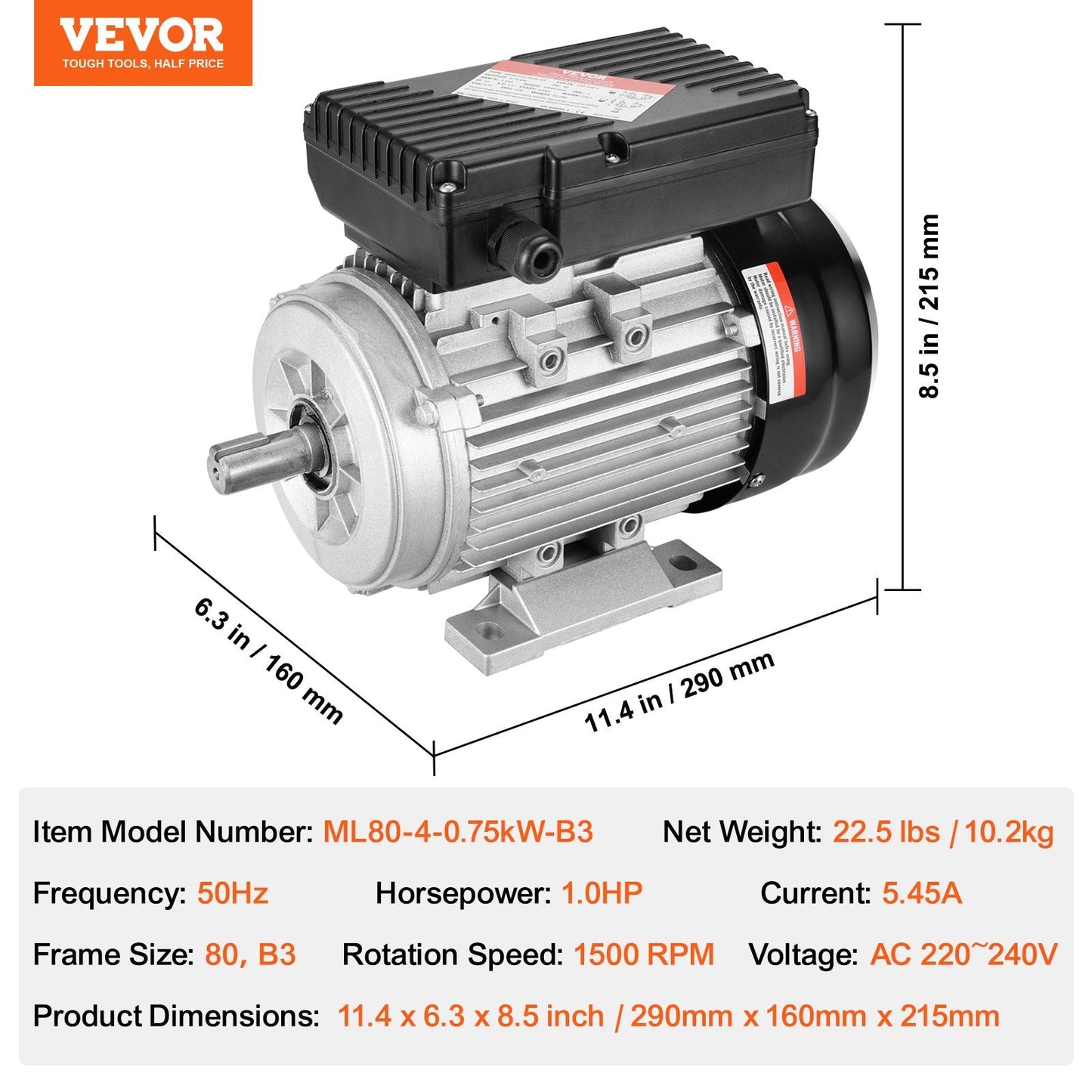 0.75kW Single Phase Electric Motor, 1400 RPM, Dual Rotation, 220-240V, B3 Frame