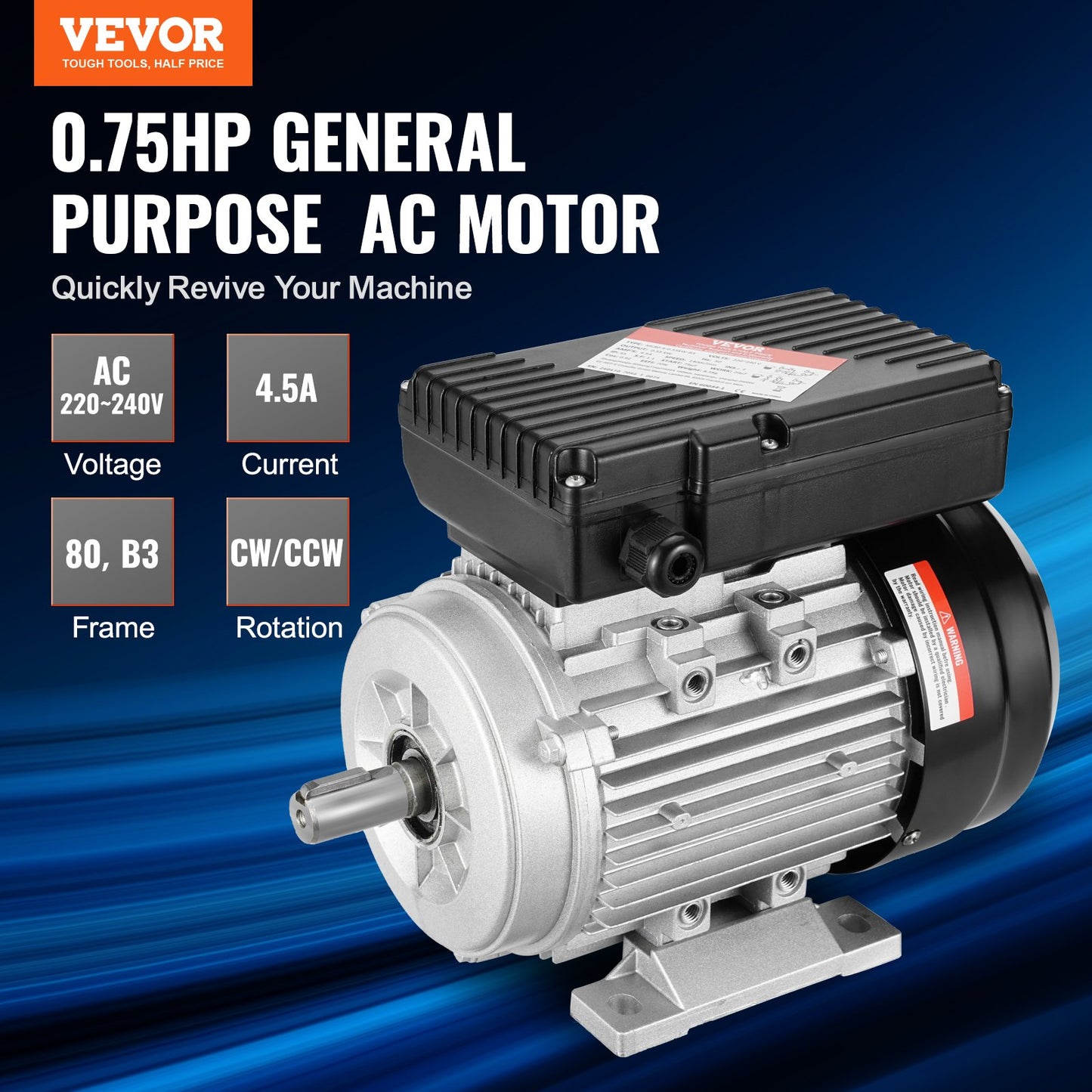 VEVOR 0.55KW Electric Motor 1400 rpm, AC 220~240V 4.5A, 80, B3 Frame, Air Compressor