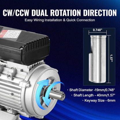 VEVOR 0.55KW Electric Motor 1400 rpm, AC 220~240V 4.5A, 80, B3 Frame, Air Compressor