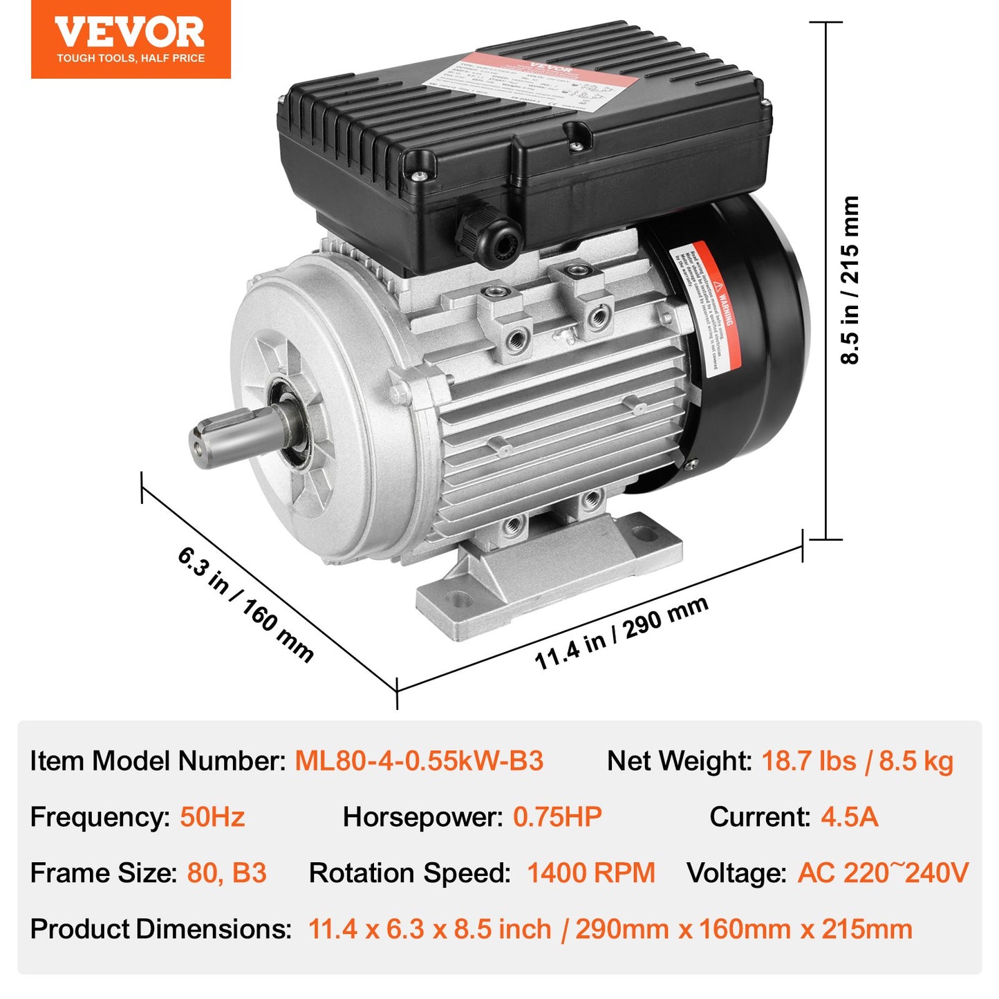 VEVOR 0.55KW Electric Motor 1400 rpm, AC 220~240V 4.5A, 80, B3 Frame, Air Compressor