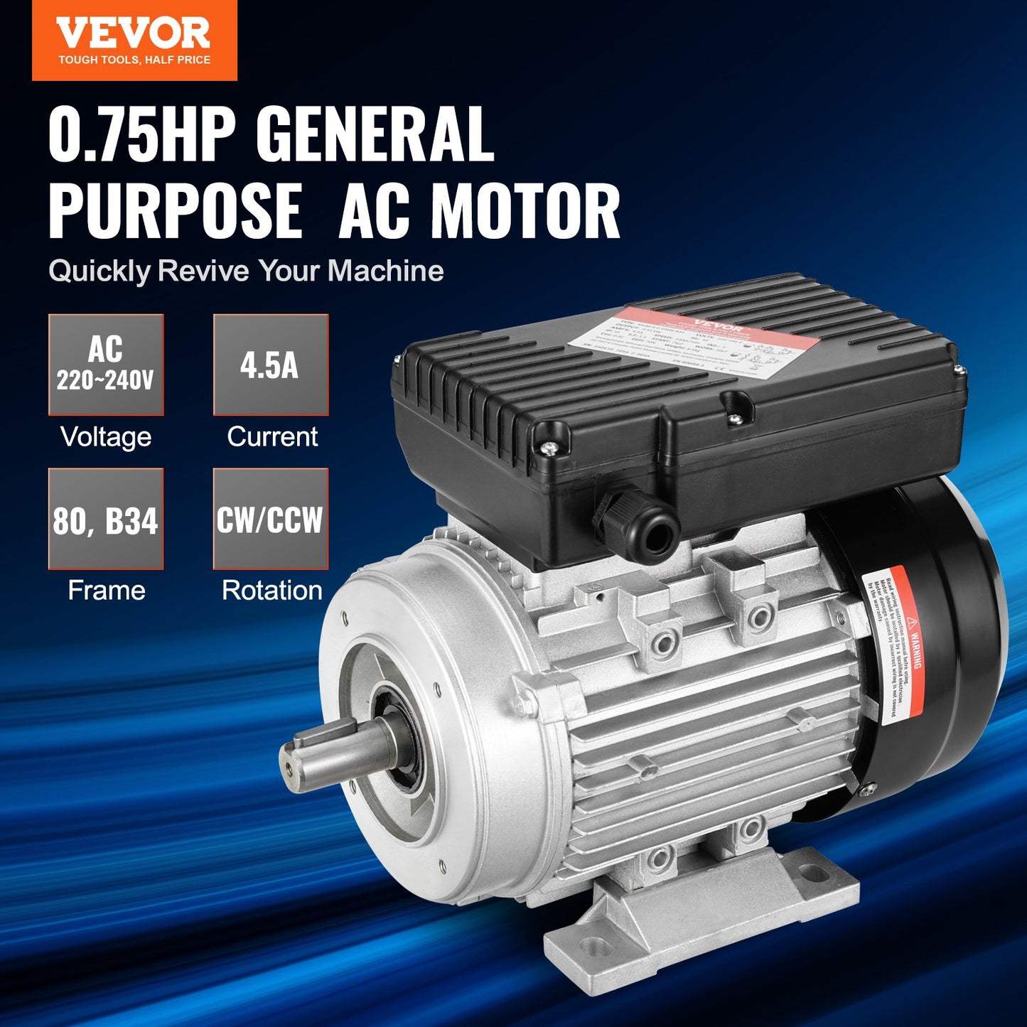 VEVOR 0.55KW Electric Motor 1400 rpm, AC 220~240V 4.5A, 80, B34 Frame, Air Compressor