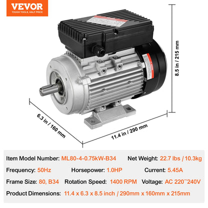 VEVOR 0.75KW Electric Motor 1400RPM AC 220~240V 5.45A 1-Phase 19mm Keyed Shaft