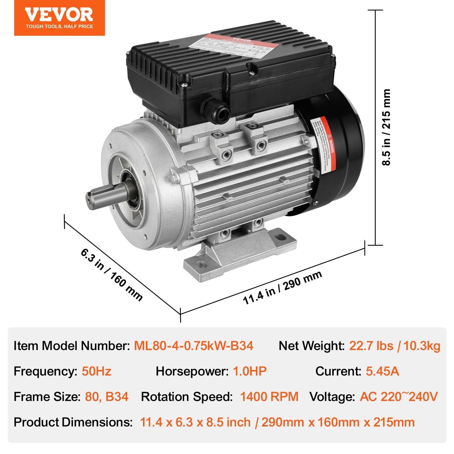 0.75KW AC Motor 1400RPM, 220-240V, 1-Phase, 19mm Shaft, 10.3kg