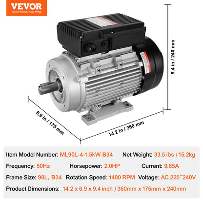 VEVOR 1.5KW Electric Motor 1400 rpm, AC 220~240V 9.85A, 90L, B34 Frame, Air Compressor