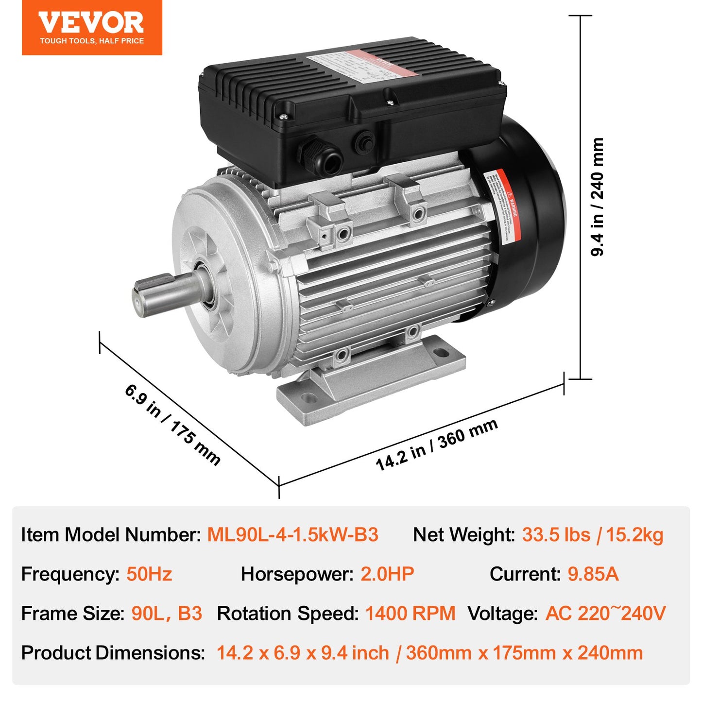 VEVOR 1.5KW Electric Motor 1400 rpm, AC 220~240V 9.85A, 90L, B3 Frame, Air Compressor