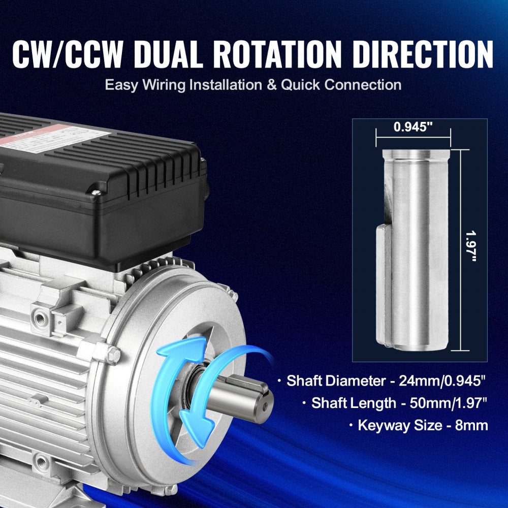 VEVOR 2.2KW Electric Motor 2800 rpm, AC 220~240V 13.8A, 90L, B3 Frame, Air Compressor Motor Single Phase, 24mm Keyed Shaft, CW/CCW Rotation for Agricultural Machinery and General Equipment