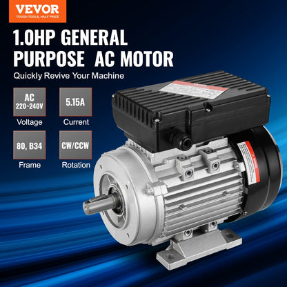 VEVOR 0.75KW Electric Motor 2850 rpm, AC 220~240V 5.15A, 80, B34 Frame, Air Compressor