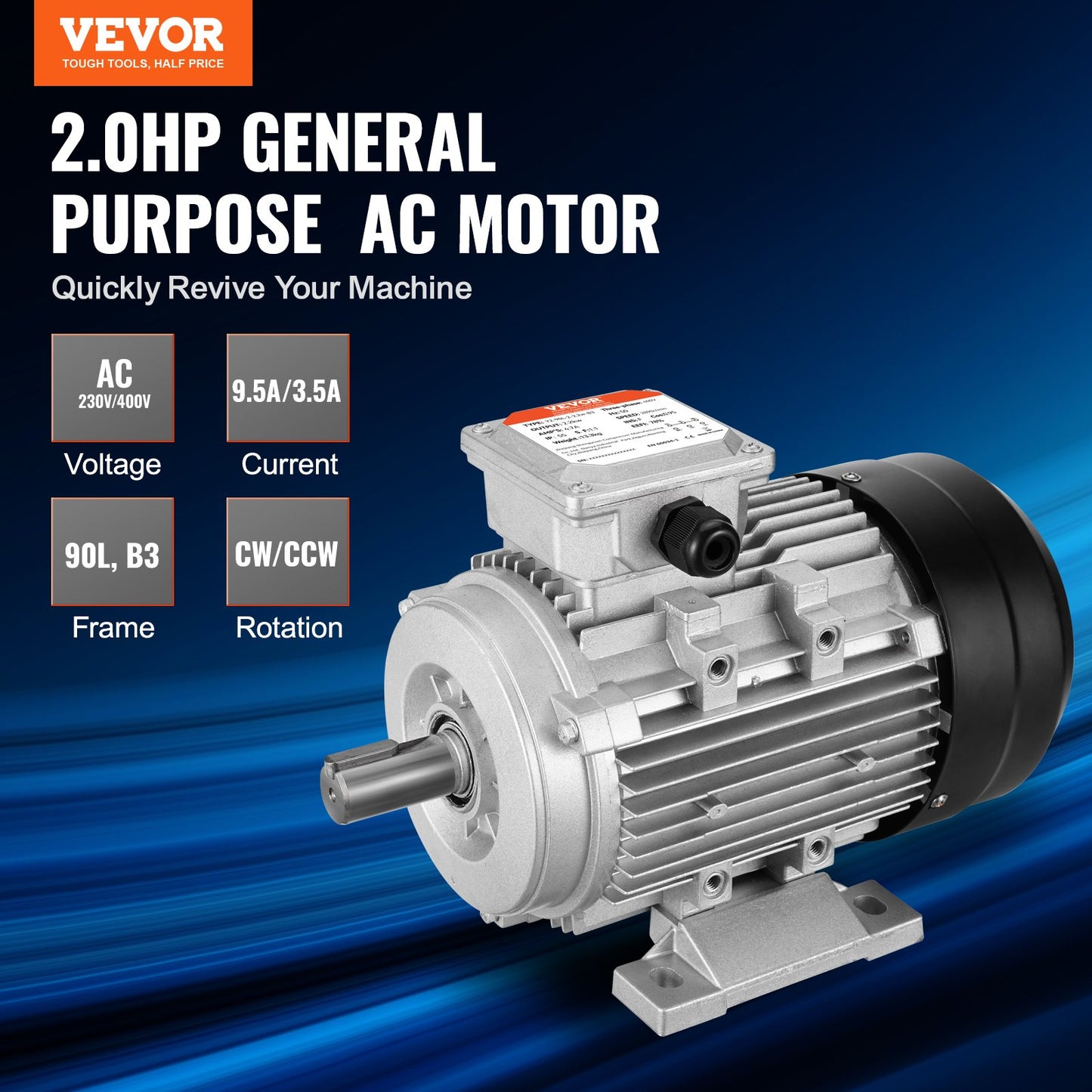 VEVOR 1.5KW Electric Motor 3000 rpm, AC 230V/400V 9.5A/3.5A, 90L, B3 Frame, Air