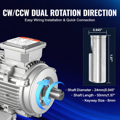 VEVOR 1.5KW Electric Motor 3000 rpm, AC 230V/400V 9.5A/3.5A, 90L, B3 Frame, Air