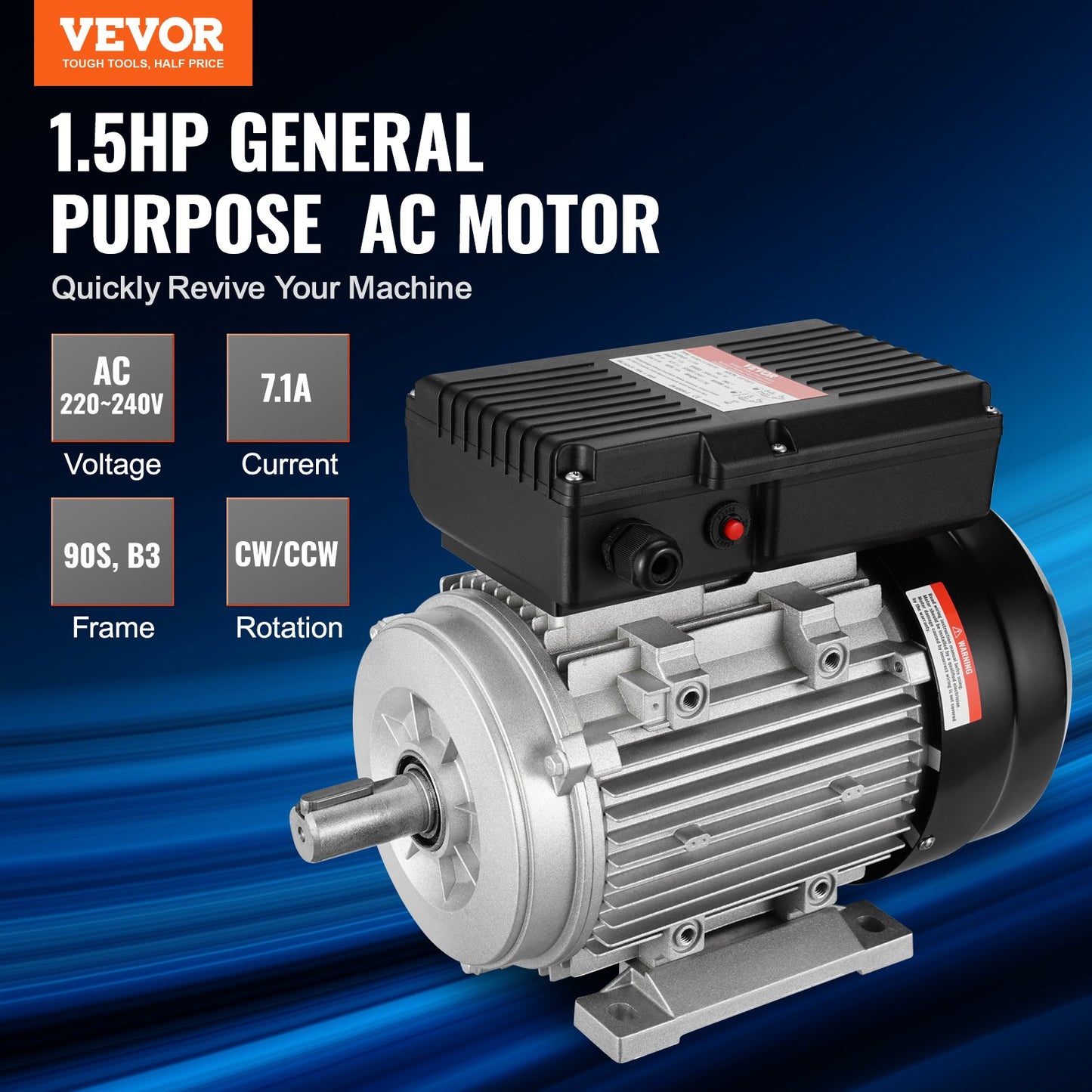 VEVOR 1.1KW Electric Motor 2800 rpm, AC 220~240V 7.1A, 90S, B3 Frame, Air Compressor