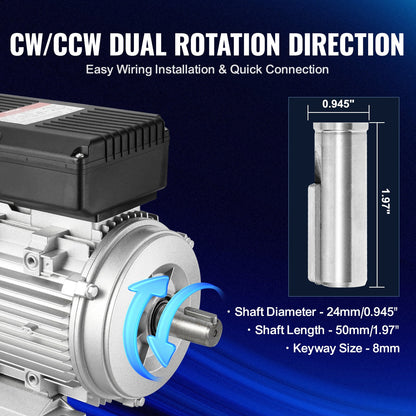 VEVOR 1.1KW Electric Motor 2800 rpm, AC 220~240V 7.1A, 90S, B3 Frame, Air Compressor
