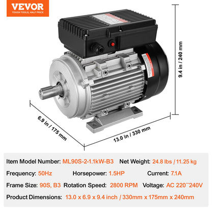 VEVOR 1.1KW Electric Motor 2800 rpm, AC 220~240V 7.1A, 90S, B3 Frame, Air Compressor