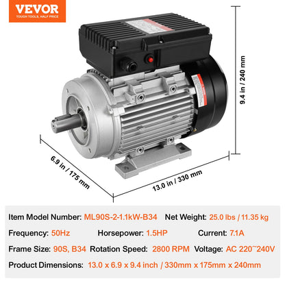 VEVOR 1.1KW Electric Motor 2800 rpm, AC 220~240V 7.1A, 90S, B34 Frame, Air Compressor