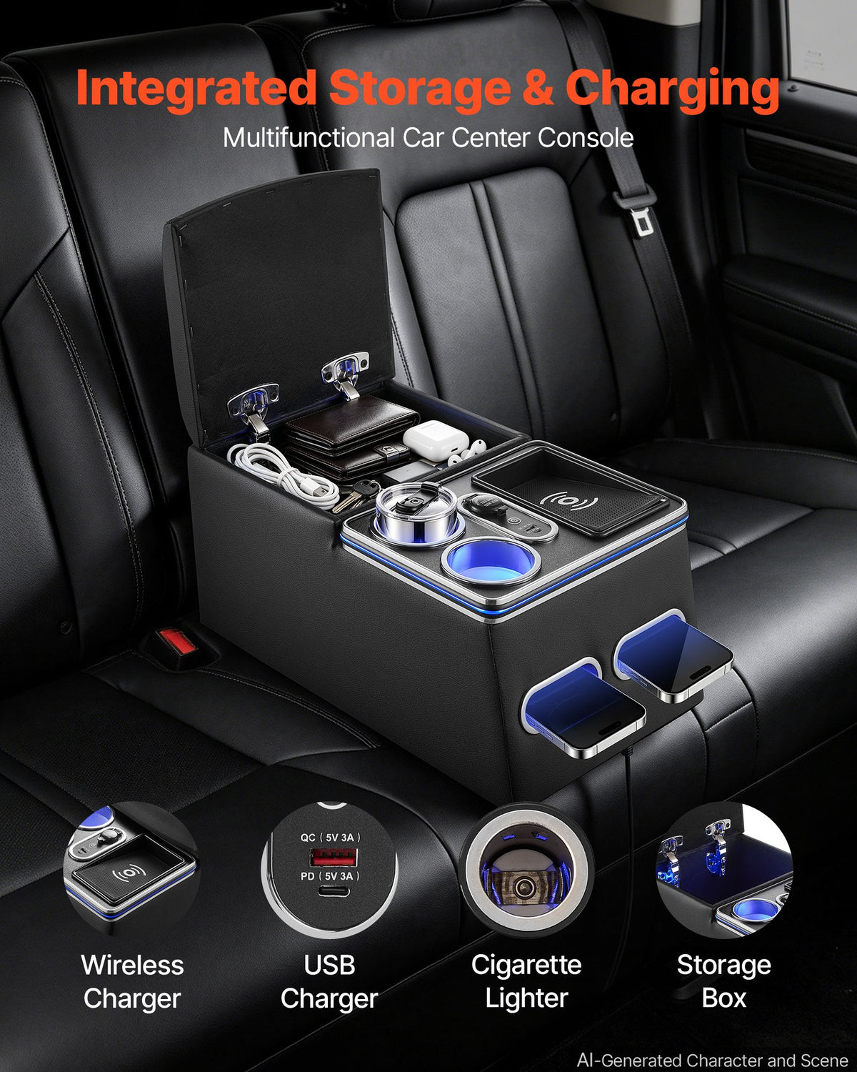 Universal Rear Bench Seat Center Console with 7-Color Ambient Lights, Wireless/USB/Cigarette Lighter Charging, Back Seat Central Console Organizer with Cup & Phone Holders for MPV, Sedan, SUV
