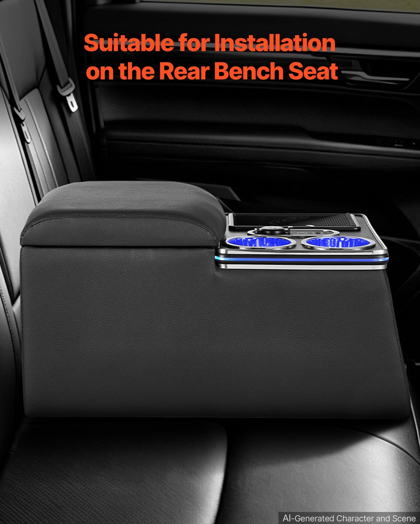 Universal Rear Bench Seat Center Console with 7-Color Ambient Lights, Wireless/USB/Cigarette Lighter Charging, Back Seat Central Console Organizer with Cup & Phone Holders for MPV, Sedan, SUV