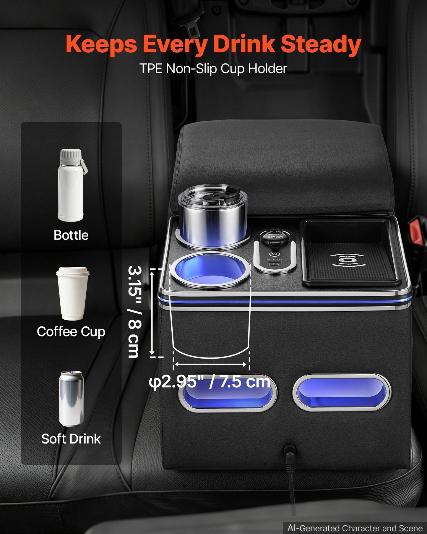 Universal Rear Bench Seat Center Console with 7-Color Ambient Lights, Wireless/USB/Cigarette Lighter Charging, Back Seat Central Console Organizer with Cup & Phone Holders for MPV, Sedan, SUV