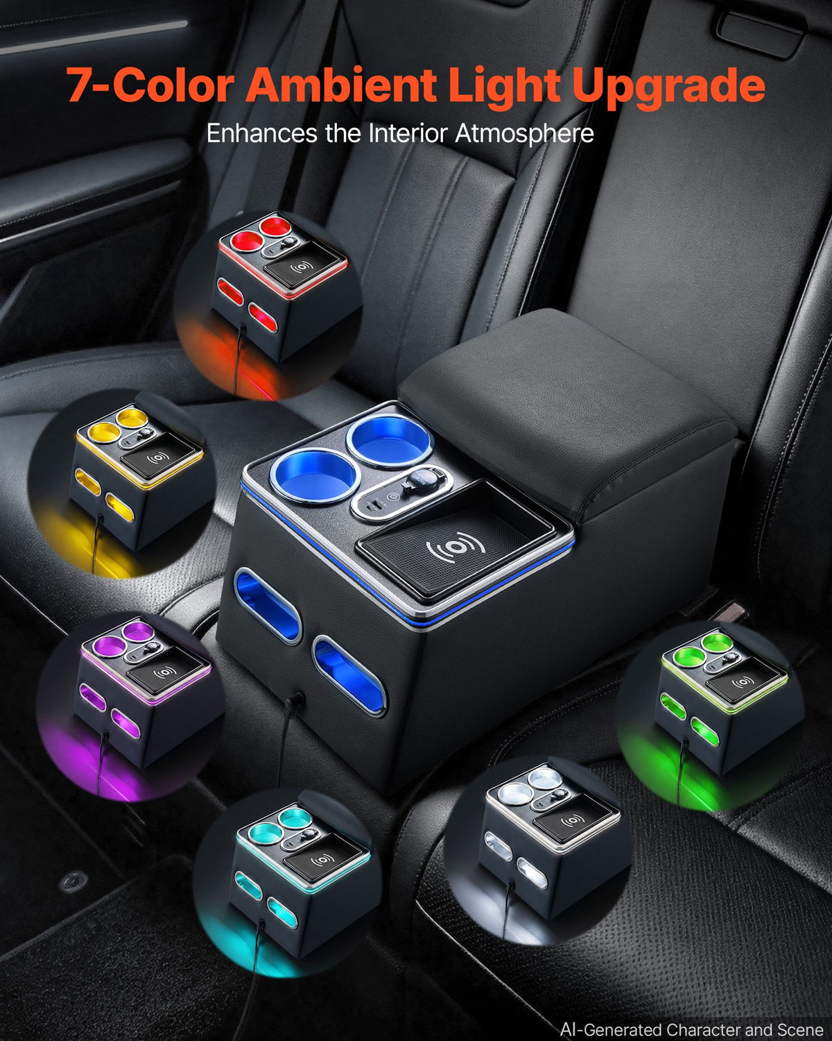 Universal Rear Bench Seat Center Console with 7-Color Ambient Lights, Wireless/USB/Cigarette Lighter Charging, Back Seat Central Console Organizer with Cup & Phone Holders for MPV, Sedan, SUV
