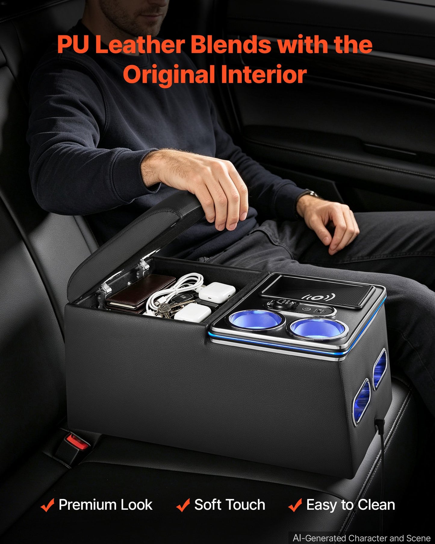 Universal Rear Bench Seat Center Console with 7-Color Ambient Lights, Wireless/USB/Cigarette Lighter Charging, Back Seat Central Console Organizer with Cup & Phone Holders for MPV, Sedan, SUV