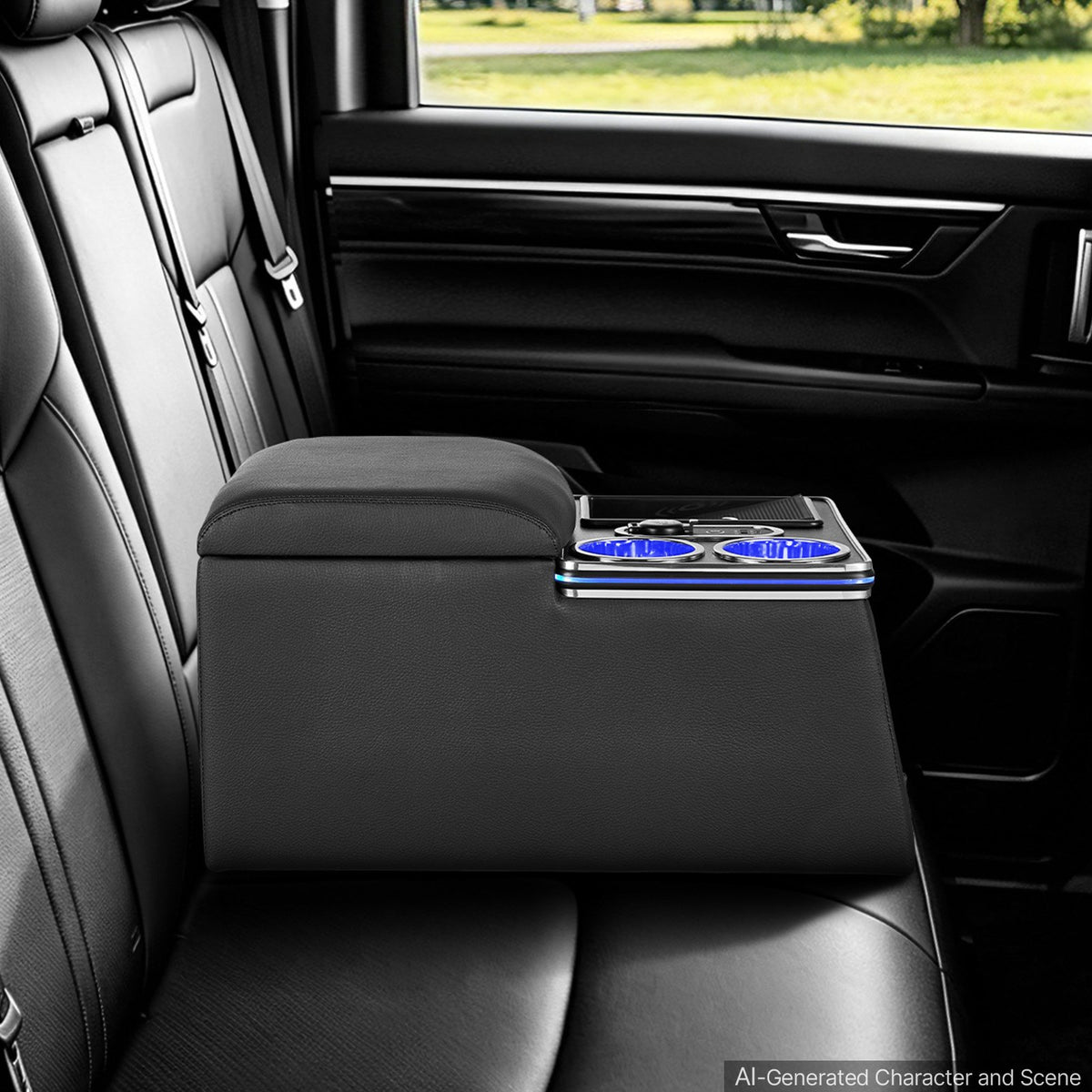 Universal Rear Bench Seat Center Console with 7-Color Ambient Lights, Wireless/USB/Cigarette Lighter Charging, Back Seat Central Console Organizer with Cup & Phone Holders for MPV, Sedan, SUV