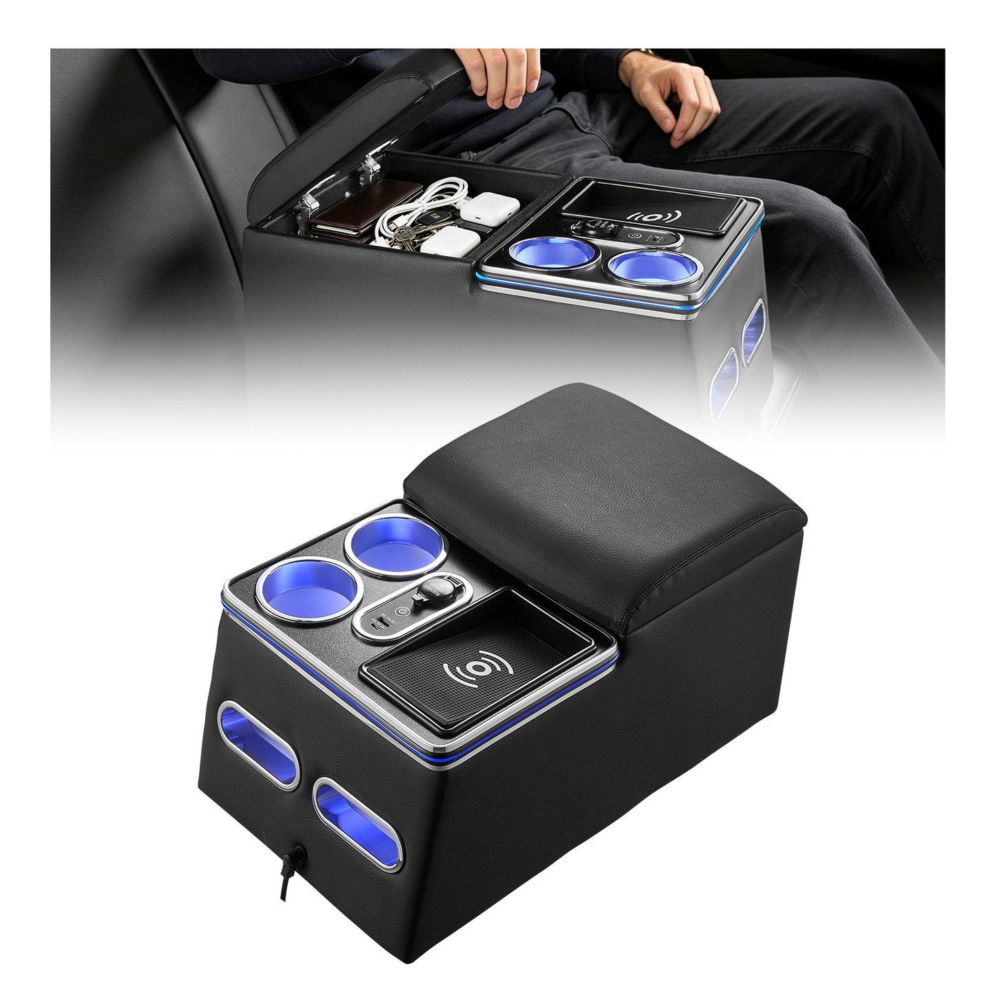 Universal Rear Bench Seat Center Console with 7-Color Ambient Lights, Wireless/USB/Cigarette Lighter Charging, Back Seat Central Console Organizer with Cup & Phone Holders for MPV, Sedan, SUV