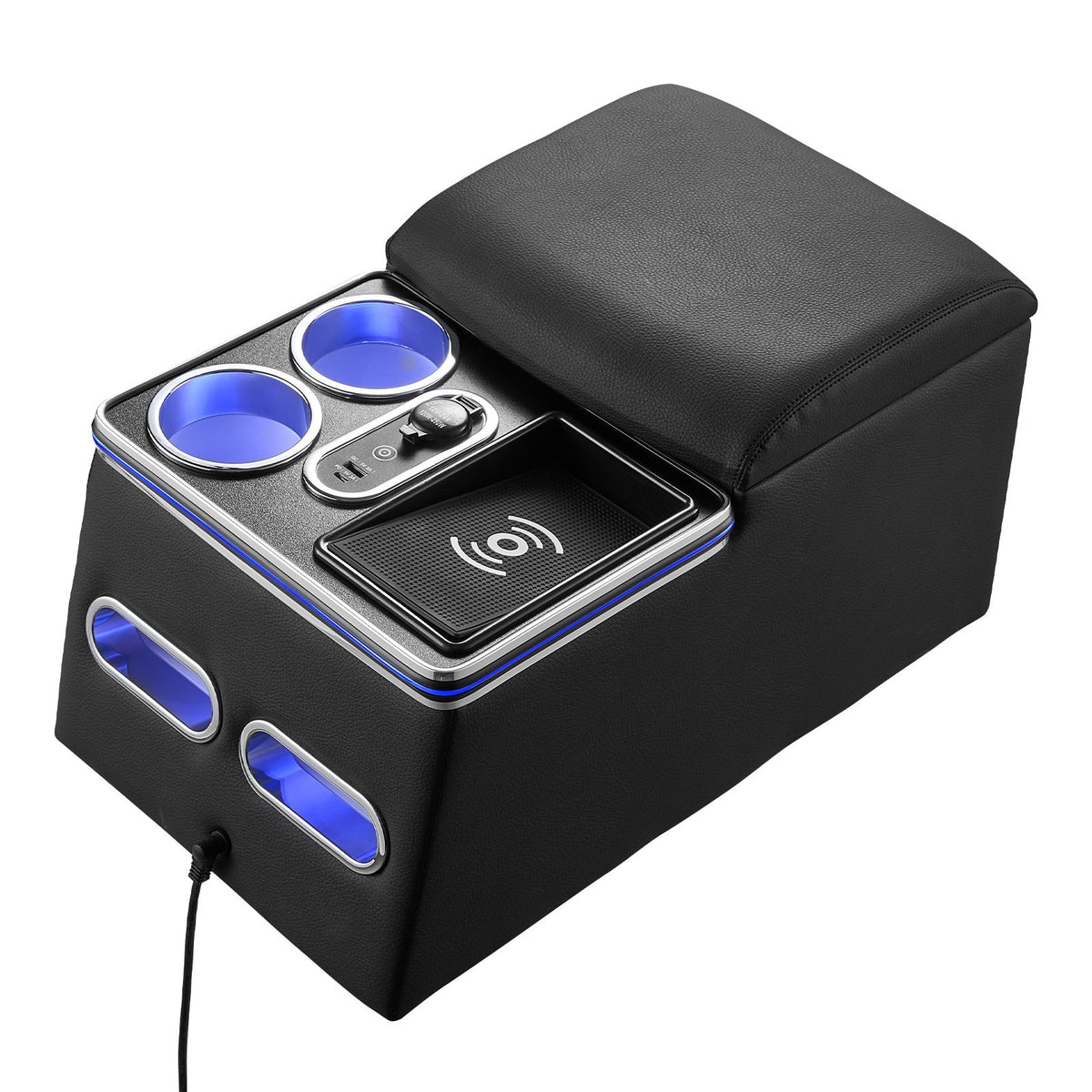 Universal Rear Bench Seat Center Console with 7-Color Ambient Lights, Wireless/USB/Cigarette Lighter Charging, Back Seat Central Console Organizer with Cup & Phone Holders for MPV, Sedan, SUV