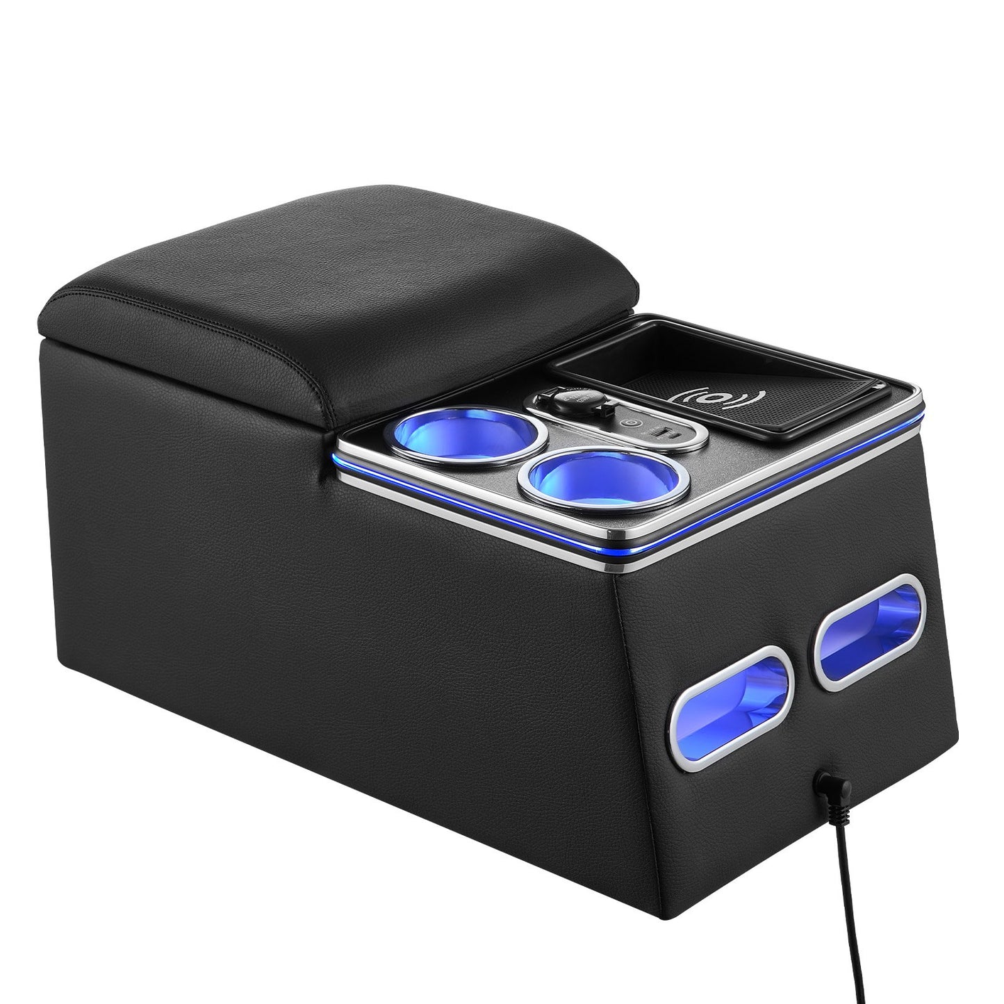 Universal Rear Bench Seat Center Console with 7-Color Ambient Lights, Wireless/USB/Cigarette Lighter Charging, Back Seat Central Console Organizer with Cup & Phone Holders for MPV, Sedan, SUV