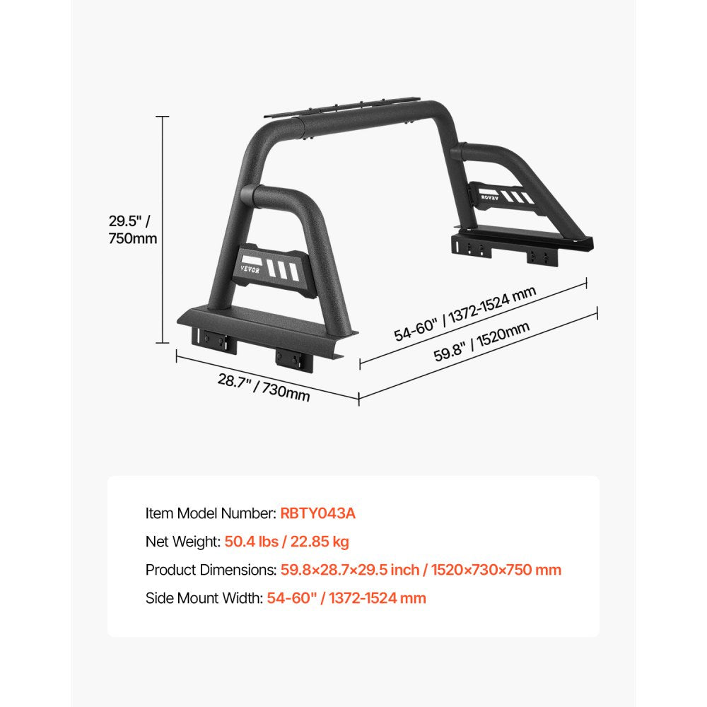 VEVOR Truck Bed Roll Bar Universal Chase Rack for Mid-Size Pickup Carbon Steel