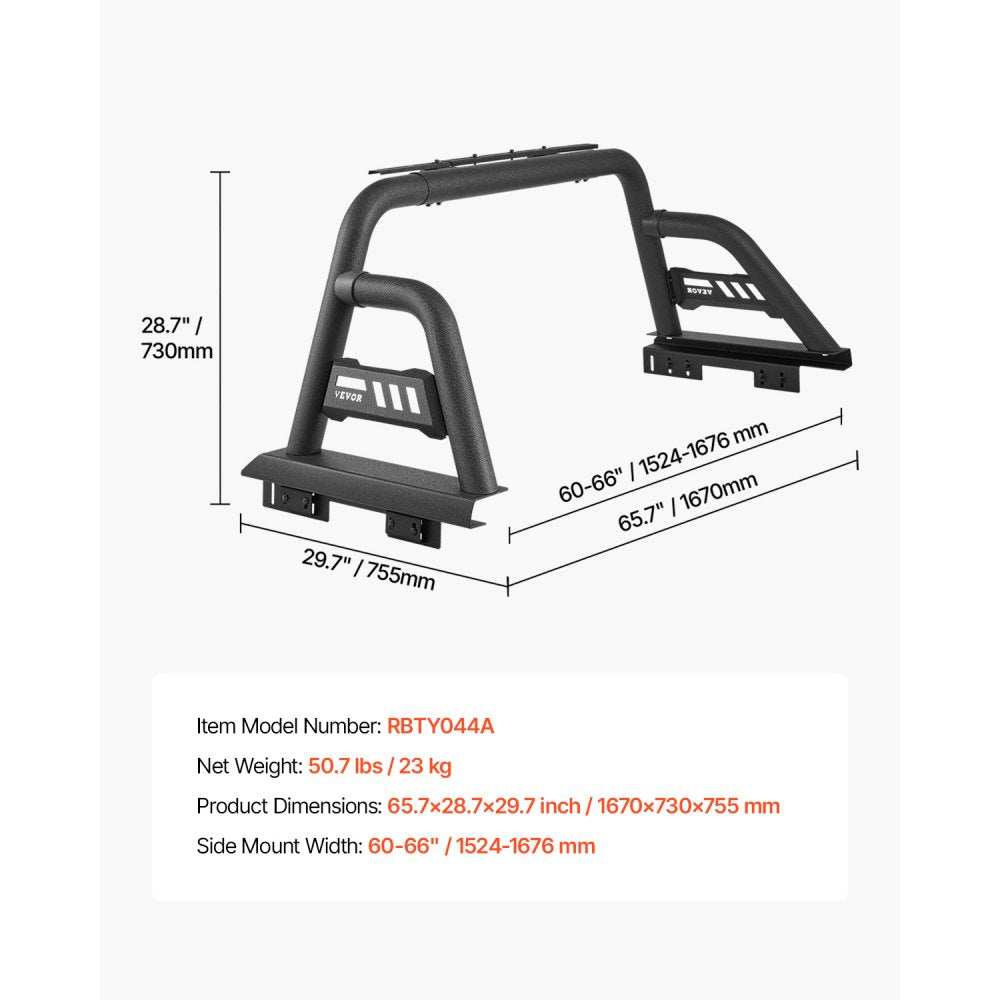 VEVOR Truck Bed Roll Bar Universal Chase Rack for Full-Size Pickup Carbon Steel