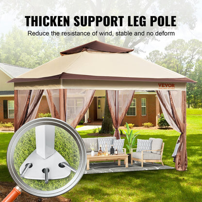Outdoor Pop-Up Gazebo with Mosquito Netting for 8-10, Metal Frame, Khaki/Brown