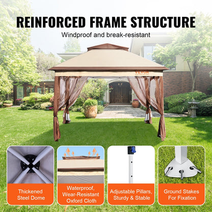 Outdoor Pop-Up Gazebo with Mosquito Netting for 8-10, Metal Frame, Khaki/Brown