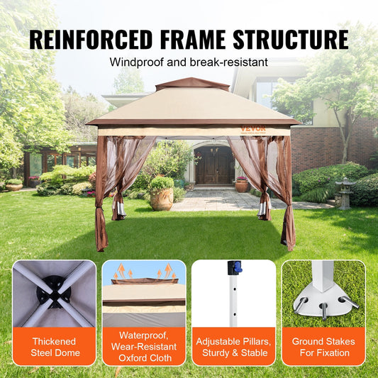 Outdoor Pop-Up Gazebo with Mosquito Netting for 8-10, Metal Frame, Khaki/Brown