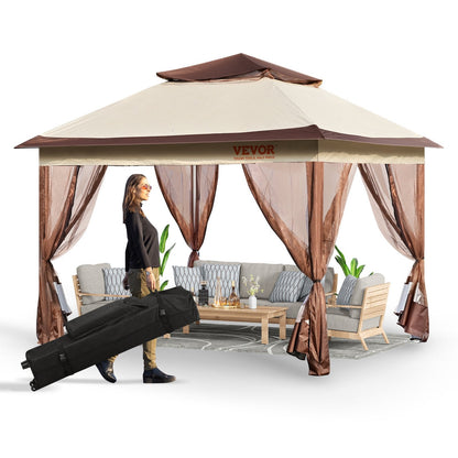 Outdoor Pop-Up Gazebo with Mosquito Netting for 8-10, Metal Frame, Khaki/Brown