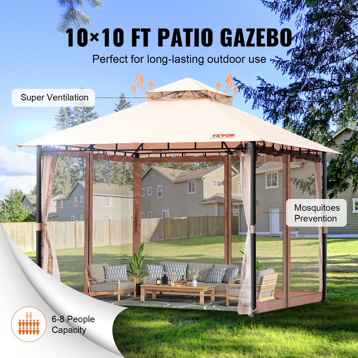 VEVOR Patio Gazebo for 6-8 Person, 3.05 x 3.05 m Backyard Gazebo, with Mosquito
