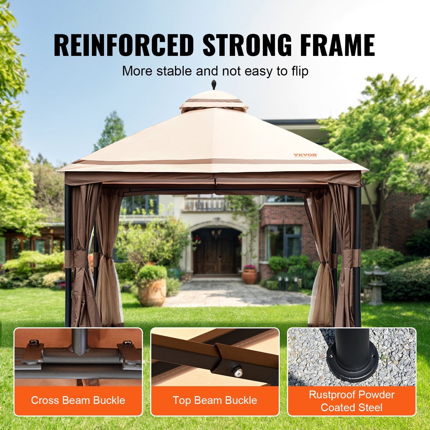 Outdoor Gazebo 3.05 x 3.96 m with Mosquito Netting, Metal Frame & PU Canopy