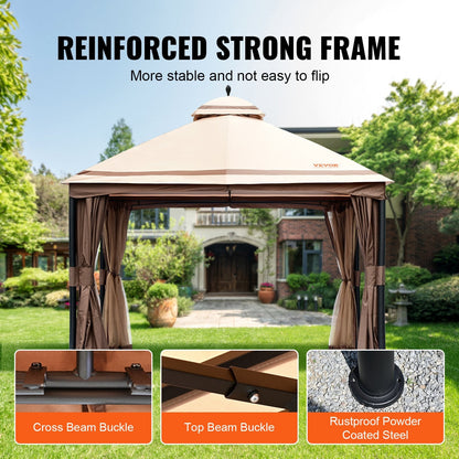 Outdoor Gazebo 3.05 x 3.96 m with Mosquito Netting, Metal Frame & PU Canopy
