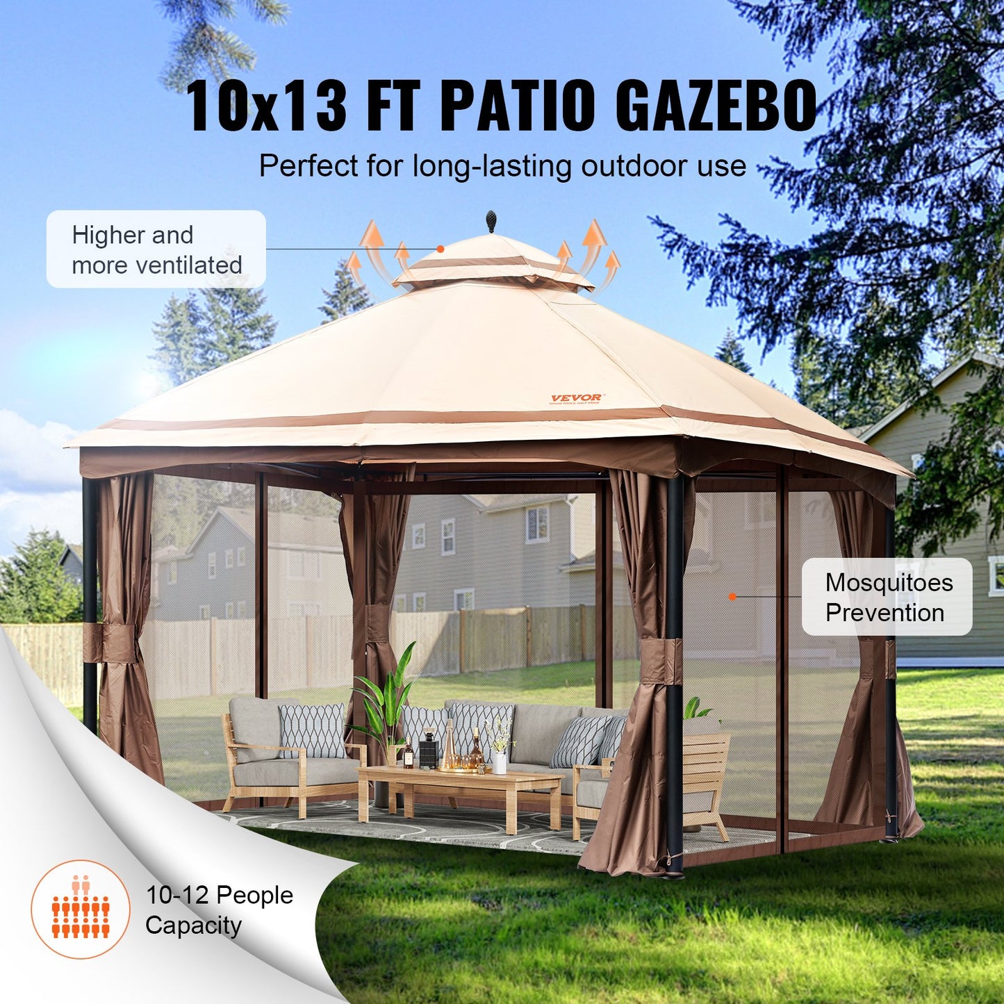 VEVOR Patio Gazebo for 10-12 Person, 3.05 x 3.96 m Backyard Gazebo, with Mosquito