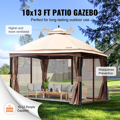 Outdoor Gazebo 3.05 x 3.96 m with Mosquito Netting, Metal Frame & PU Canopy