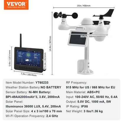 7-in-1 Wi-Fi Weather Station with 178mm Display & Wireless Outdoor Sensor