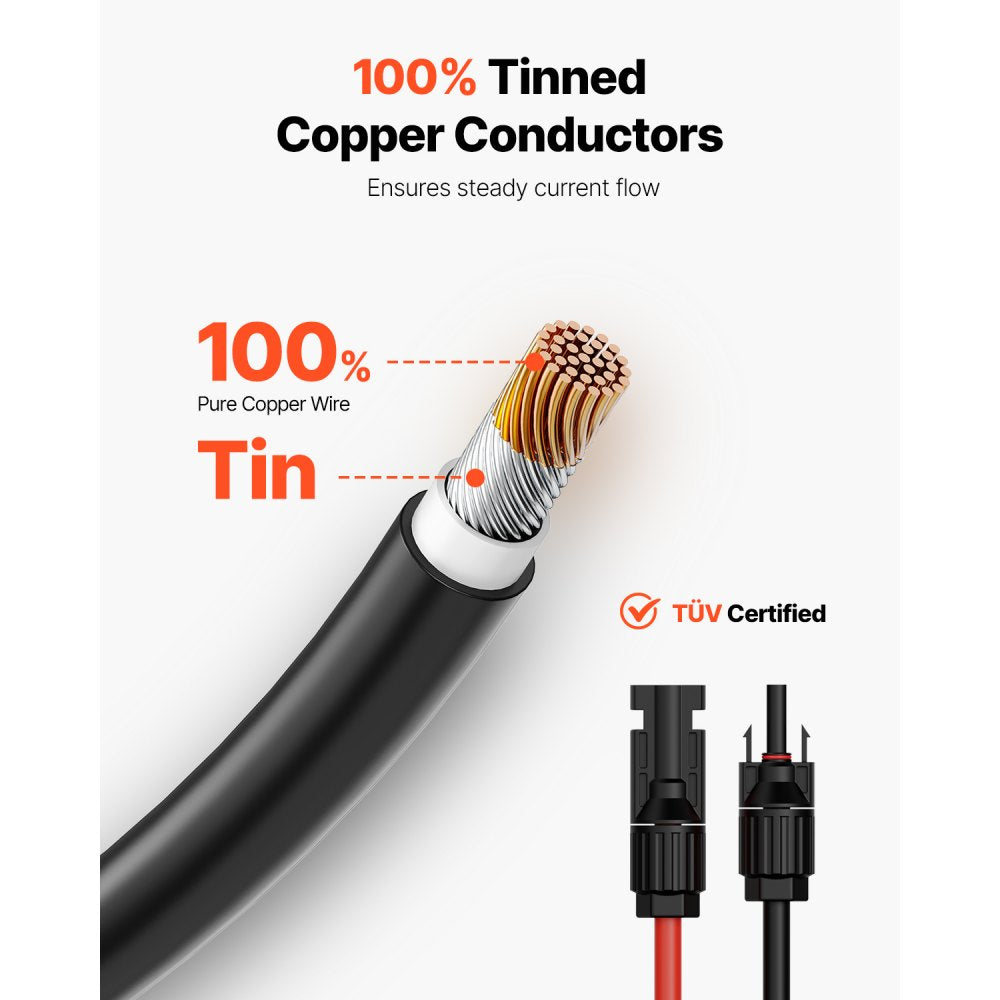 VEVOR 50FT Solar Panel Extension Wire w/ Female & Male Connectors 10AWG Set of 2