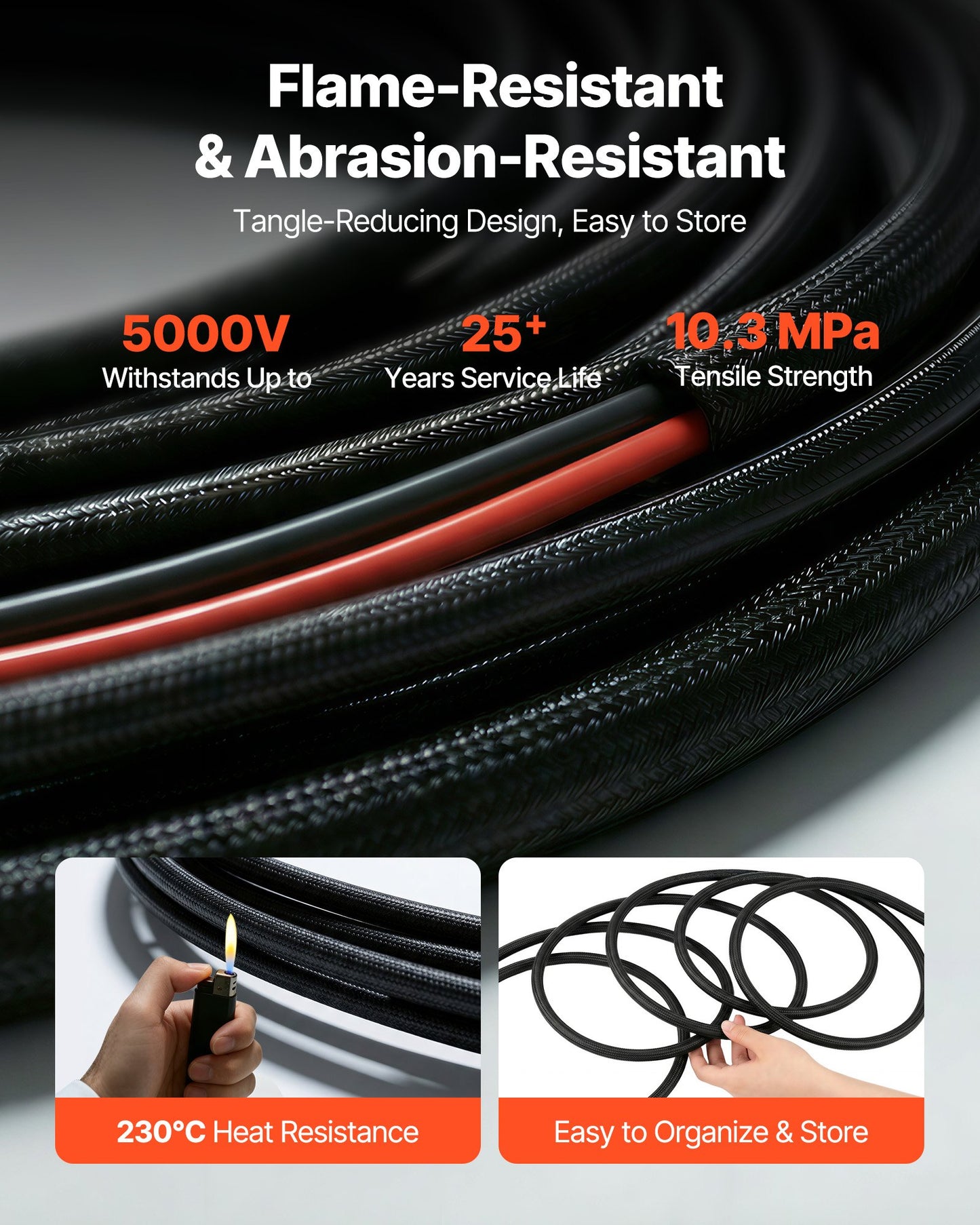 15.24M Solar Panel Extension Cable, 10 AWG, Solar Panel Wire with Flame Retardant Protective Sleeving, Female and Male Connectors, IP67 Waterproof PV Wire, for Outdoor Automotive RV, Black & Red